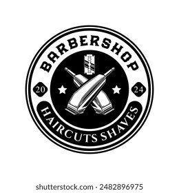 Barbershop logo sign badge vector isolated. Vintage barbershop logo with retro style vector template. Design element for barber shop, haircut's salon