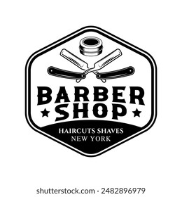 Barbershop logo sign badge vector isolated. Vintage barbershop logo with retro style vector template. Design element for barber shop, haircut's salon