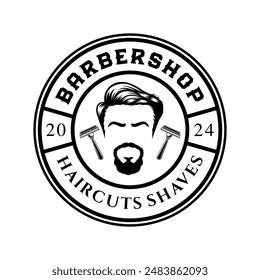Barbershop logo sign badge vector isolated. Vintage barbershop logo with retro style vector template. Design element for barber shop, haircut's salon
