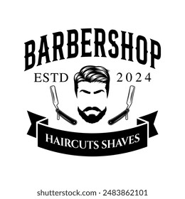 Barbershop logo sign badge vector isolated. Vintage barbershop logo with retro style vector template. Design element for barber shop, haircut's salon