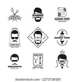 Barbershop logo. Simple mustache and beard icons for male grooming salon label design, hipster barber hairdresser emblem with text. Vector set. Sharp scissors accessory for hairstyle