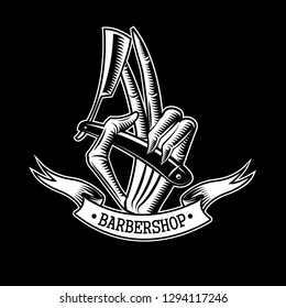 Barbershop logo. Skeleton hand hold blade 