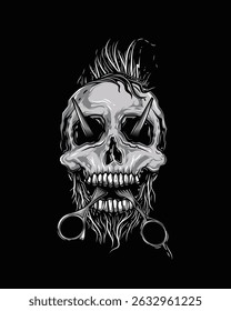 Barbershop logo. Skull with mohawk and scissors in mouth coming out of eyes. Original vector illustration in vintage style. T-shirt design. Hand drawn, not AI