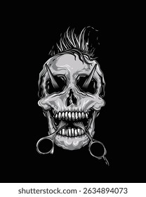 Barbershop logo. Skull with mohawk and scissors in mouth coming out of eyes. Original vector illustration in vintage style. T-shirt design. Hand drawn, not AI