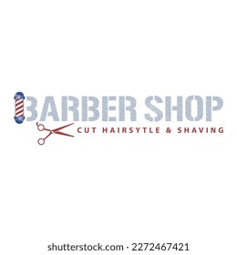 Barbershop logo, teks design template, scissor and barber pole illustration concept.