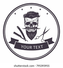 Barbershop Logo Template. Bearded Skull Vector Illustration Icons