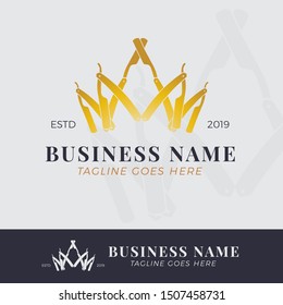Barbershop logo template design. Gold razor blade incorporated into a crown on dark background. Solid style and outlined style logo