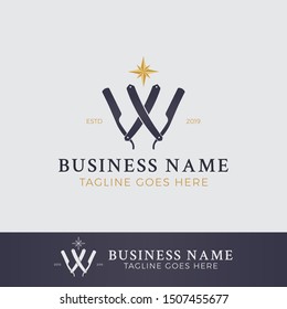 Barbershop logo template design. Razor and star icon on bright background. Solid style and outlined style logo