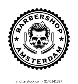 Barbershop logo template with skull and straight razors.