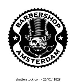 Barbershop logo template with a skull in top hat and scissors.