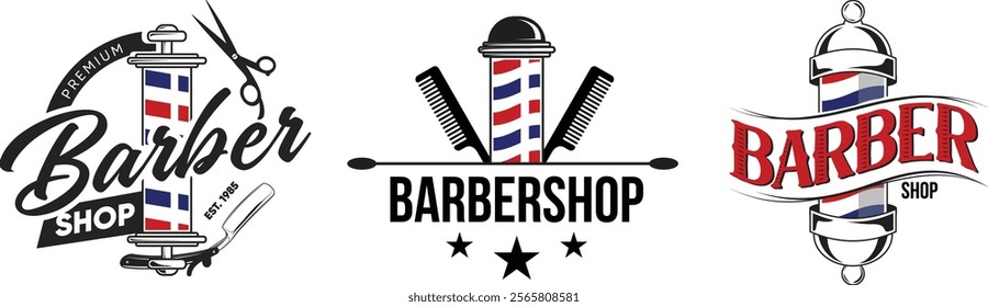 Barbershop Logo Three Vintage Vector Template Set white background