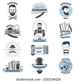 Barbershop logo vector barber cuts male haircut and barbed mustache of bearded man with razor in hipster salon on logotype illustration set isolated on white background