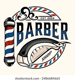 Barbershop logo, vintage barber pole and razor elements, professional barber design.
