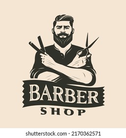 Barbershop logo vintage. Beard or mustache shave and haircut. Male beauty vector illustration