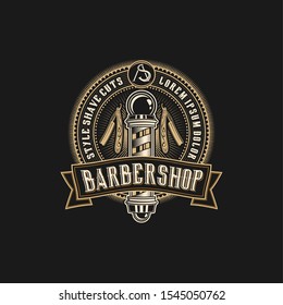 Barbershop logo vintage classic style, salon fashion haircut pomade badge icon simple minimalist modern, barber pole razor shave scissor razor blade retro symbol vector. luxury elegant design.