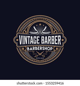 Barbershop Logo Vintage Classic Style, Salon Fashion Haircut Pomade Badge Icon Simple Minimalist Modern, Barber Pole Razor Shave Scissor Razor Blade Retro Symbol Vector. Luxury Elegant Design.