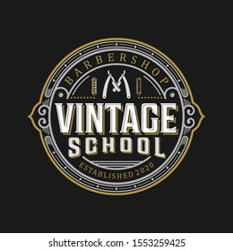 Barbershop logo vintage classic style, salon fashion haircut pomade badge icon simple minimalist modern, barber pole razor shave scissor razor blade retro symbol vector. luxury elegant design.
