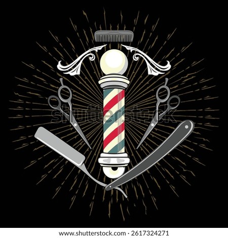 Barbershop logo with vintage elements: pole, scissors, brushes, and razor. in the background like a sparkle Suitable for retro-style branding and prints.