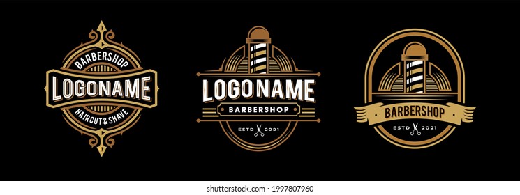 logo de barbershop en estilo decorativo victoriano vintage e hipster. Colección del logotipo de la placa de barbero clásica retro vectorial