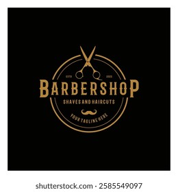 Barbershop logo vintage, retro, haircut, shaving, with scissors, shaving pole, comb, razor. for business, emblems, labels, barber shops, badges.