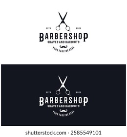 Barbershop logo vintage, retro, haircut, shaving, with scissors, shaving pole, comb, razor. for business, emblems, labels, barber shops, badges.