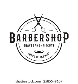 Barbershop logo vintage, retro, haircut, shaving, with scissors, shaving pole, comb, razor. for business, emblems, labels, barber shops, badges.