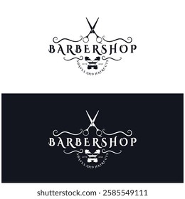 Barbershop logo vintage, retro, haircut, shaving, with scissors, shaving pole, comb, razor. for business, emblems, labels, barber shops, badges.