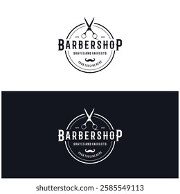 Barbershop logo vintage, retro, haircut, shaving, with scissors, shaving pole, comb, razor. for business, emblems, labels, barber shops, badges.