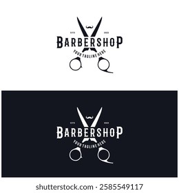 Barbershop logo vintage, retro, haircut, shaving, with scissors, shaving pole, comb, razor. for business, emblems, labels, barber shops, badges.