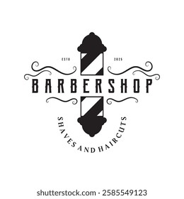 Barbershop logo vintage, retro, haircut, shaving, with scissors, shaving pole, comb, razor. for business, emblems, labels, barber shops, badges.