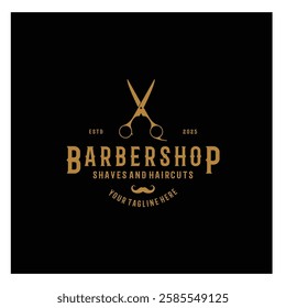 Barbershop logo vintage, retro, haircut, shaving, with scissors, shaving pole, comb, razor. for business, emblems, labels, barber shops, badges.