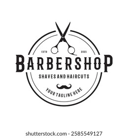 Barbershop logo vintage, retro, haircut, shaving, with scissors, shaving pole, comb, razor. for business, emblems, labels, barber shops, badges.