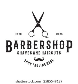 Barbershop logo vintage, retro, haircut, shaving, with scissors, shaving pole, comb, razor. for business, emblems, labels, barber shops, badges.