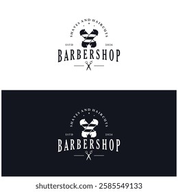 Barbershop logo vintage, retro, haircut, shaving, with scissors, shaving pole, comb, razor. for business, emblems, labels, barber shops, badges.