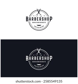 Barbershop logo vintage, retro, haircut, shaving, with scissors, shaving pole, comb, razor. for business, emblems, labels, barber shops, badges.