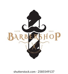 Barbershop logo vintage, retro, haircut, shaving, with scissors, shaving pole, comb, razor. for business, emblems, labels, barber shops, badges.