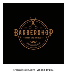 Barbershop logo vintage, retro, haircut, shaving, with scissors, shaving pole, comb, razor. for business, emblems, labels, barber shops, badges.