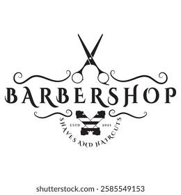 Barbershop logo vintage, retro, haircut, shaving, with scissors, shaving pole, comb, razor. for business, emblems, labels, barber shops, badges.