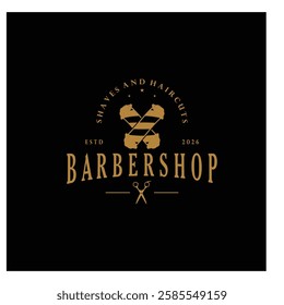 Barbershop logo vintage, retro, haircut, shaving, with scissors, shaving pole, comb, razor. for business, emblems, labels, barber shops, badges.