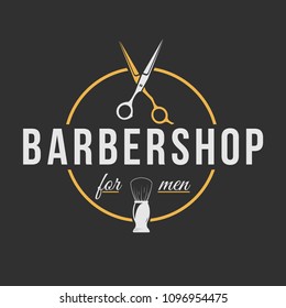 Barbershop logo. Vintage set barber logo with razor, shaver, scissors, hair, haircut, mustache and beard. Gentleman club, Barbershop allience logos.