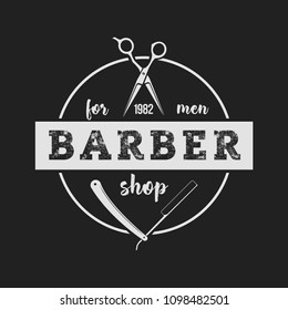 Barbershop logo. Vintage set barber logo with razor, shaver, scissors, hair, haircut, mustache and beard. Gentleman club, Barbershop allience logos.