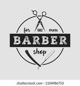 Barbershop logo. Vintage set barber logo with razor, shaver, scissors, hair, haircut, mustache and beard. Gentleman club, Barbershop allience logos.
