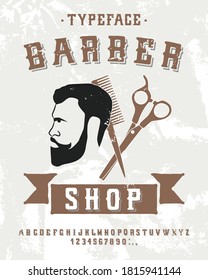 Barbershop logo in vintage style with the image of a man, comb and scissors on a worn wooden background. Vector illustration with a set of letters and numbers drawn by hand
