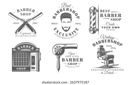 Barbershop logos vintage with pole, hair, beard, razor, salon chair, and dryer icons for professional barber shop branding. Vector illustration
