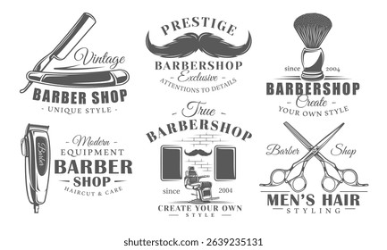 Barbershop logos vintage with pole, hair, shave brush, saloon chair, and scissors icons for professional barber shop branding. Vector illustration