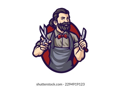 Barbershop man barber insignia vintage logo caricatura ilustración vector