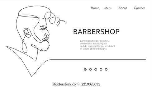 Barbershop. Man face continuous one line vector drawing. Style templates with abstract male. Can used for logo, emblem, slide show and banner. Illustration with quote template