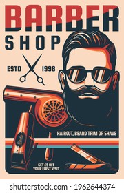 Barbershop, man hairdresser saloon vintage vector poster. Man haircut, beard trim or shave retro banner. Bearded hipster with handlebar mustaches, scissors and straight razor, hair dryer and clipper