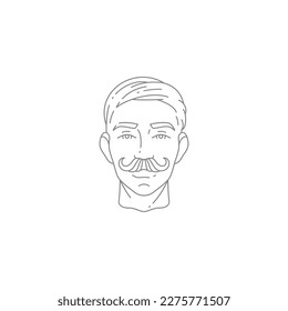 Barbershop man head hairstyle curved mustache fashion grooming line vintage logo vector illustration. Barber shop male beauty salon hair care trim cosmetic hairdressing gentleman haircut icon