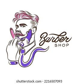 Barbershop, man with shaving, beauty salon decoration, doodle